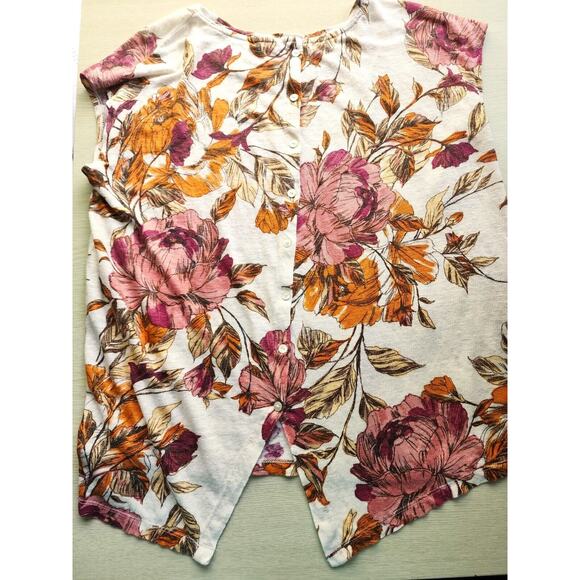 TOP/BLOUSE-NICOLE MILLER-Linen-Fall Floral Colors-Button Back-Short Sleeves-LRG - Picture 6 of 12